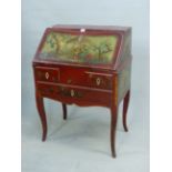 A RED CHINOISERIE LACQUER FRENCH LOUIS XV BUREAU, THE FALL PAINTED WITH A SCENE OF A FAMILY OF
