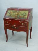 A RED CHINOISERIE LACQUER FRENCH LOUIS XV BUREAU, THE FALL PAINTED WITH A SCENE OF A FAMILY OF