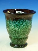 A SCOTTISH ART GLASS VASE, POSSIBLY MONART, THE DEEP RED FLECKED RIM ABOVE A GREEN FLECKED BODY. H