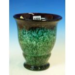 A SCOTTISH ART GLASS VASE, POSSIBLY MONART, THE DEEP RED FLECKED RIM ABOVE A GREEN FLECKED BODY. H