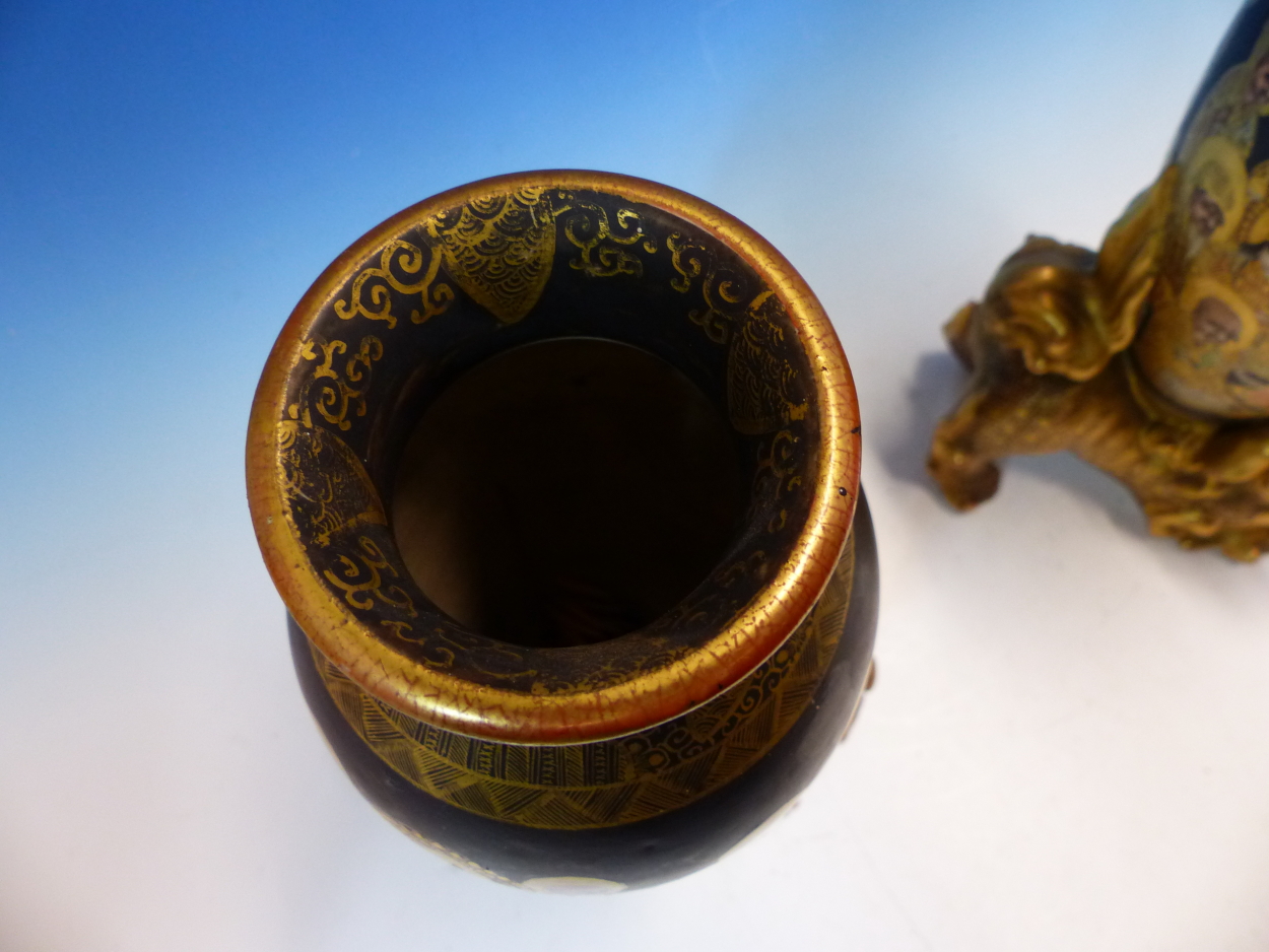 A PAIR OF SATSUMA POTTERY OVOID VASES PAINTED WITH KWANNON AND LUOHANS ON A BLACK GROUND, THE - Image 9 of 18