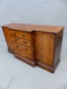 A 19th C. MAHOGANY BREAKFRONT SIDE CABINET,OF GEORGIAN DESIGN, THE CENTRAL FOUR DRAWERS FLANKED BY D