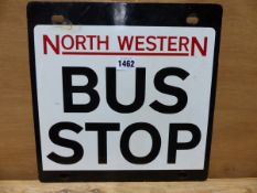 AN ENAMEL NORTH WESTERN BUS STOP SIGN.