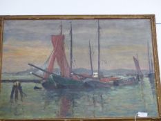 EARLY 20th.C. CONTINENTAL SCHOOL. FISHING BOATS. SIGNED INDISTINCTLY. 81 x 120cms.