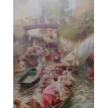 A DECORATIVE COLOUR PRINT OF PUNTING ON A BUSY CANAL, 73 x 46cms. TOGETHER WITH TWO HAND COLOURED