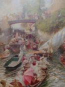 A DECORATIVE COLOUR PRINT OF PUNTING ON A BUSY CANAL, 73 x 46cms. TOGETHER WITH TWO HAND COLOURED