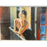 FABIAN PEREZ (b. 1967). ARR. SABA AT THE BALCONY. SIGNED WATERCOLOUR, GALLERY LABEL VERSO. 31 x