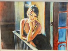 FABIAN PEREZ (b. 1967). ARR. SABA AT THE BALCONY. SIGNED WATERCOLOUR, GALLERY LABEL VERSO. 31 x