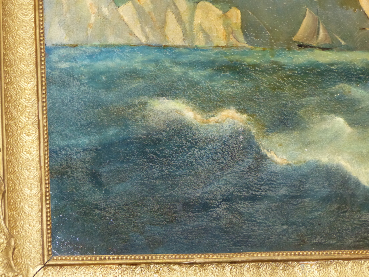 ENGLISH SCHOOL, MARINE VIEW OFF A HEADLAND, SIGNED INDISTINCTLY, OIL ON CANVAS. 69 x 82cms. - Image 6 of 7