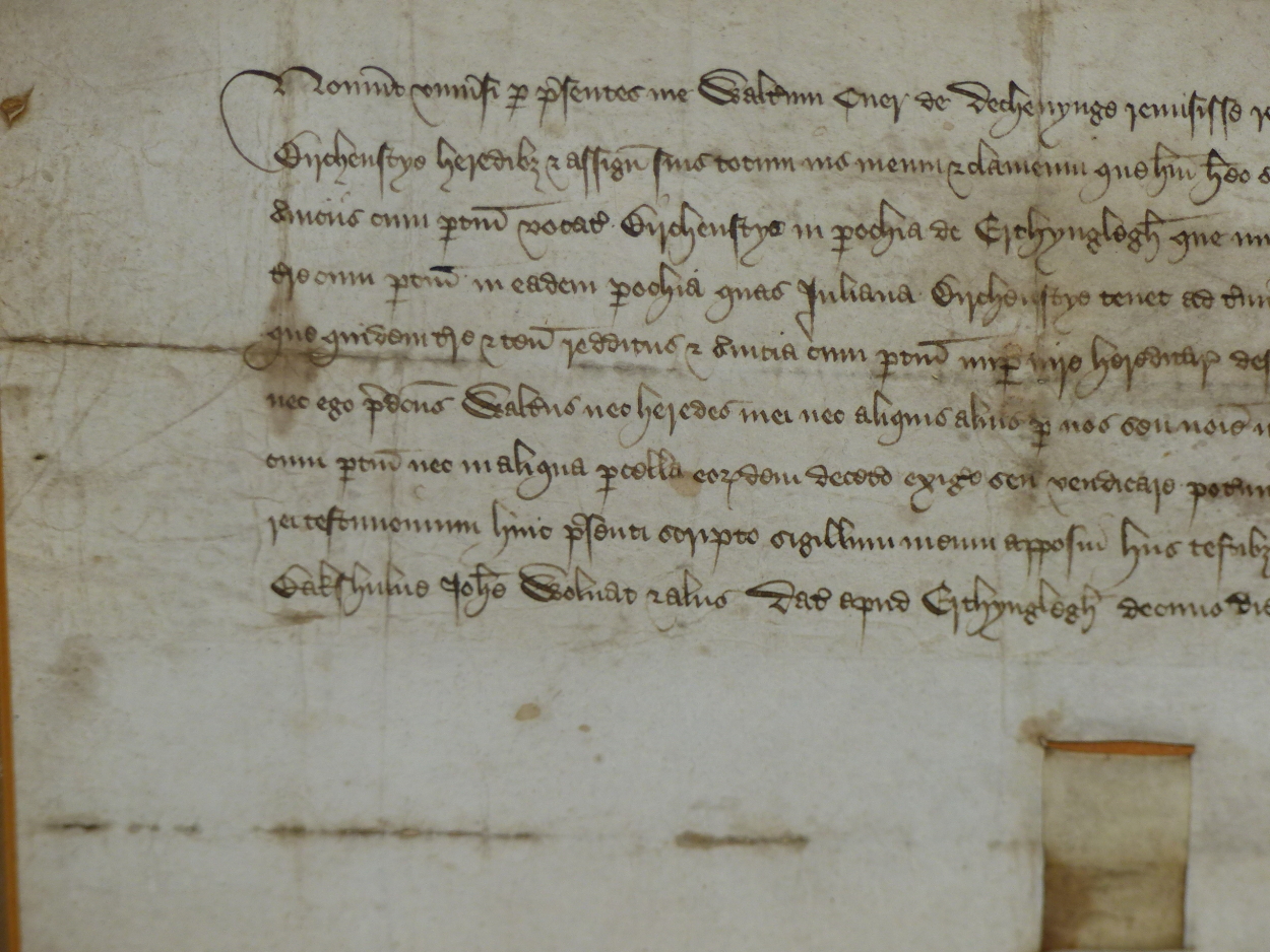 A FRAMED QUIT DEED RELATING TO LAND IN NORTH WALES DATED 10TH AUGUST 1411 AND TIED WITH A RED WAX - Image 3 of 9