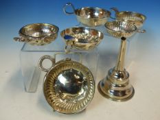 A COLLECTION OF SIX CONTINENTAL SILVER WINE TASTERS, TWO INSET WITH COIN BASES, ONE OF 1799 THE