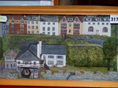 TWO FRAMED DIORAMAS OF VILLAGE HARBOURS, THE LARGER FRAME. W 48 x H 23cms.