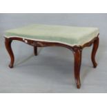 A VICTORIAN MAHOGANY STOOL, THE SEAT UPHOLSTERED IN TURQUOISE VELVET OVER SHELL TOPPED CABRIOLE LEGS