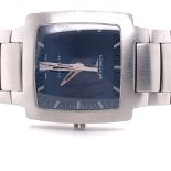 A LONGINES AUTOMATIC OPPOSITION SQUARE GENTLEMAN'S STAINLESS STEEL WRIST WATCH. A BLUE DIAL WITH