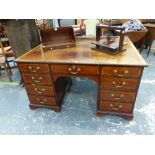 A 19TH CENTURY ROSEWOOD CROSSBANDED MAHOGANY PEDESTAL DESK WITH BACK FLAP EXTENSION, THE KNEEHOLE DR