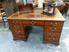 A 19TH CENTURY ROSEWOOD CROSSBANDED MAHOGANY PEDESTAL DESK WITH BACK FLAP EXTENSION, THE KNEEHOLE DR