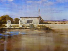 LATE 20th.C. AMERICAN REALIST SCHOOL. THE GAS STATION ON A DESERT HIGHWAY, ARIZONA. SIGNED,