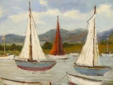 RONALD OSSORY DUNLOP (1894-1973). ARR. SAIL BOATS. SIGNED, OIL ON CANVAS. 41 x 51cms.