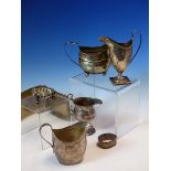 A GEORGE III, HALLMARKED SILVER HELMET FORM JUG WITH LOADED BASE, AND THREE FURTHER CREAM JUGS OF