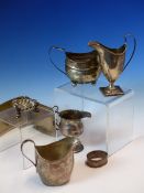 A GEORGE III, HALLMARKED SILVER HELMET FORM JUG WITH LOADED BASE, AND THREE FURTHER CREAM JUGS OF