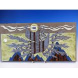 A FRENCH POTTERY PLAQUE, ENAMELLED WITH TWO BIRDS IN FLIGHT FLYING OVEER MOUNTAINS, SIGNED