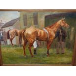 MARY BROWNING (20th/21st.C.). ARR. THE PADDOCK. OIL ON CANVAS, SIGNED. 46 x 56cms.