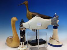 A 2008 JIM HUNTER SYCAMORE CARVING OF A WATER FOWL. H 23.5cms. A CARVED WOOD MODEL OF A WADER AND OF