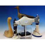 A 2008 JIM HUNTER SYCAMORE CARVING OF A WATER FOWL. H 23.5cms. A CARVED WOOD MODEL OF A WADER AND OF