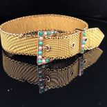 A 9ct GOLD MILANESE STYLE BRACELET WITH BUCKLE FASTENING SET WITH SEED PEARLS AND TURQUOISE.