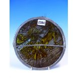 A LEADED STAINED GLASS ROUNDEL PAINTED WITH TWO MEDIAEVAL FIGURES, ONE DRIVING A HORSE DRAWN