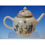 AN 18th C. CHINESE FAMILLE ROSE TEA POT AND COVER, THE SIDE PAINTED WITH FIGURES IN AN INTERIOR