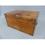A 19th.C. PINE AND BRASS BOUND CAMPAIGN TYPE BLANKET BOX WITH SIDE CARRYING HANDLES. 91 x 60 x