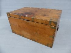 A 19th.C. PINE AND BRASS BOUND CAMPAIGN TYPE BLANKET BOX WITH SIDE CARRYING HANDLES. 91 x 60 x