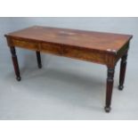 AN EARLY VICTORIAN MAHOGANY SERVING TABLE, THE RECTANGULAR TOP ON LEAF TOPPED TAPERING CYLINDRICAL