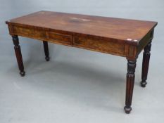 AN EARLY VICTORIAN MAHOGANY SERVING TABLE, THE RECTANGULAR TOP ON LEAF TOPPED TAPERING CYLINDRICAL