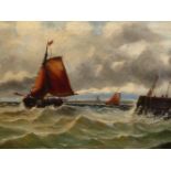 19th.C. ENGLISH SCHOOL. FISHING BOATS OFF A JETTY. SIGNED INDISTINCTLY, OIL ON CANVAS. 51 x 91cms.