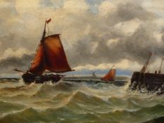 19th.C. ENGLISH SCHOOL. FISHING BOATS OFF A JETTY. SIGNED INDISTINCTLY, OIL ON CANVAS. 51 x 91cms.