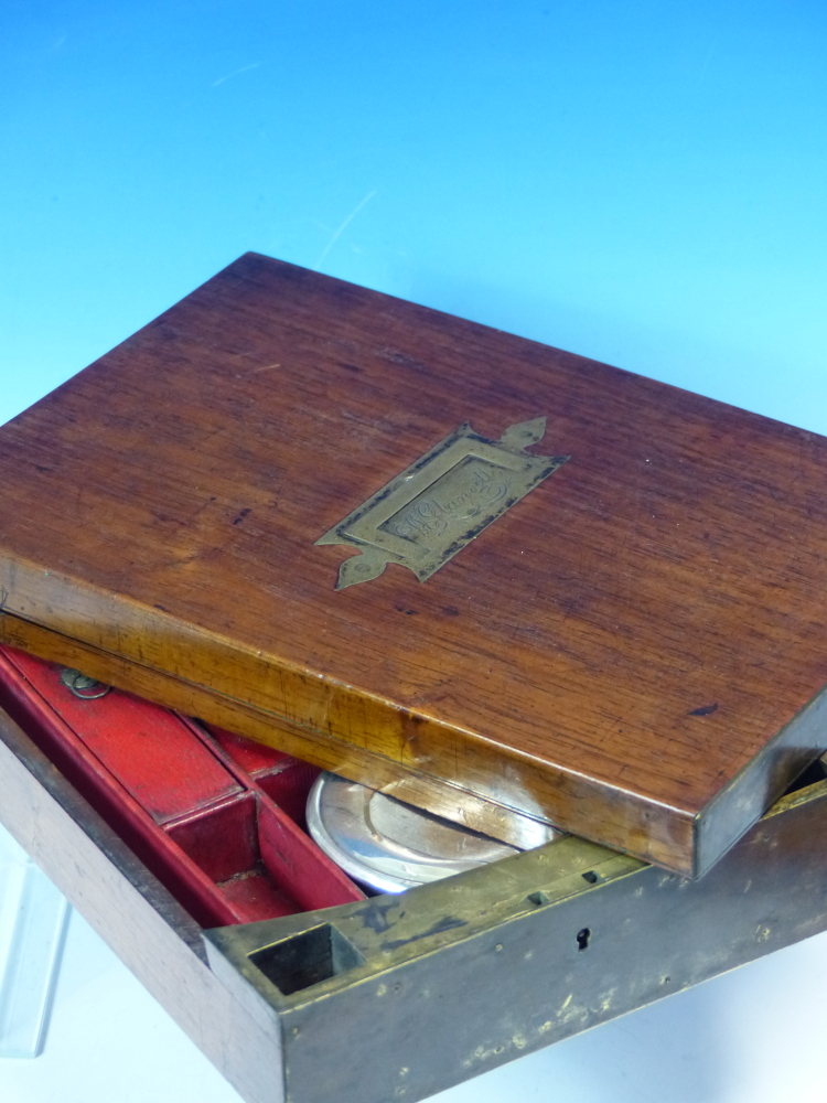 A ROSEWOOD GENTLEMANS CAMPAIGN TRAVEL BOX, THE INSIDE OF THE LID WITH RED SCRIM BACKED MIRROR - Image 2 of 17