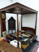 AN ANTIQUE MAHOGANY FOUR POSTER DOUBLE BED, THE FLUTED COLUMNS AT THE FOOT INLAID WITH TREFOIL TOP