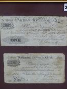 AN 1818 DARTMOUTH GENERAL BANK FIVE POUND NOTE AND AN 1822 ONE POUND NOTE, THE FRAME.