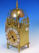 A LANTERN CLOCK WITH JAPY FRERES PLATFORM ESCAPEMENT MOVEMENT STRKING ON A BELL. H 30cms.