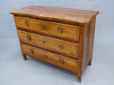 A 19th C. ITALIAN WALNUT SERPENTINE FRONTED CHEST OF THREE CROSS BANDED AND GEOMETRICALLY LINE