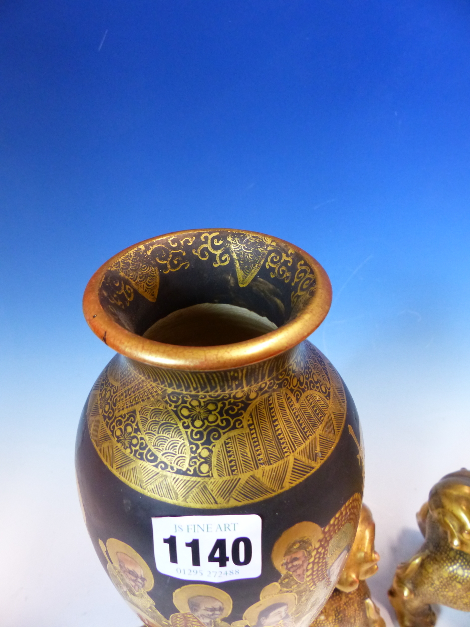 A PAIR OF SATSUMA POTTERY OVOID VASES PAINTED WITH KWANNON AND LUOHANS ON A BLACK GROUND, THE - Image 3 of 18