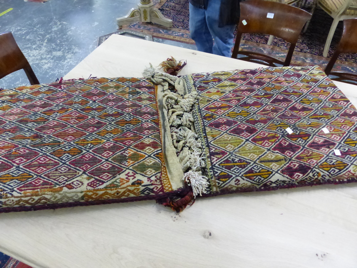 TRIBAL FLAT WEAVE SADDLE BAG MOUNTED AS A CUSHION. LENGTH OVERALL 124cm, TOGETHER WITH ANOTHER - Image 2 of 3