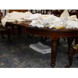 A VICTORIAN MAHOGANY INLAID D-END DINING TABLE WITH THREE LEAVES, REEDED AND TAPERING CYLINDRICAL