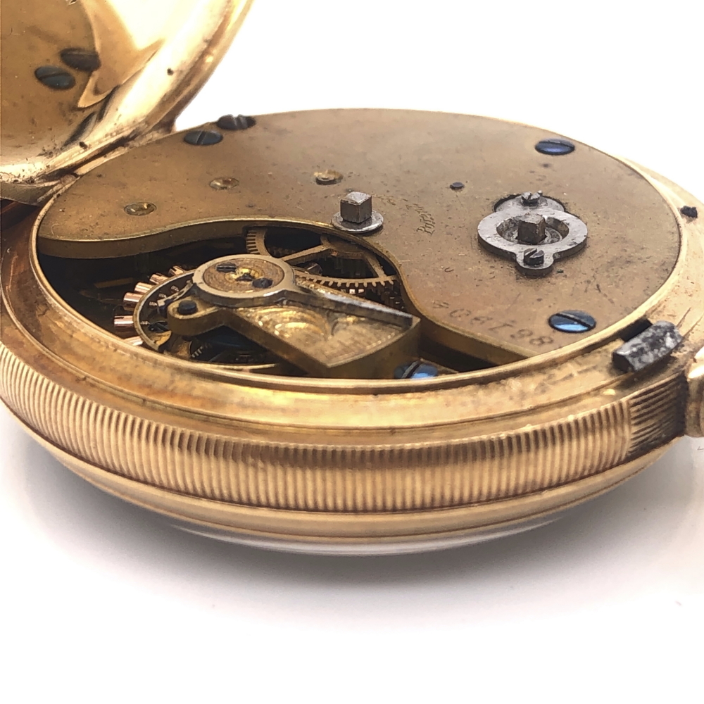 AN 18ct YELLOW GOLD OPEN FACE POCKET WATCH. CASE DIAMETER 42mm, GROSS WEIGHT 67.6grms. - Image 5 of 12