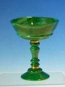 AN INTERESTING POLISHED MALACHITE SMALL TAZZA WITH GOLD BANDS TOGETHER WITH A CARVED ROCK CRYSTAL S