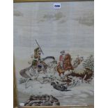 A MID 19th C. BERLIN WOOLWORK PICTURE DEPICTING THREE HORSEMEN AND DOGS HUNTING A BEAR, THE GILT