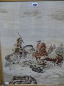 A MID 19th C. BERLIN WOOLWORK PICTURE DEPICTING THREE HORSEMEN AND DOGS HUNTING A BEAR, THE GILT