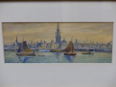 I. LECOSIN? (EARLY 20th.C. CONTINENTAL SCHOOL). A EUROPEAN PORT. SIGNED, WATERCOLOUR. 11.5 x 28cms.